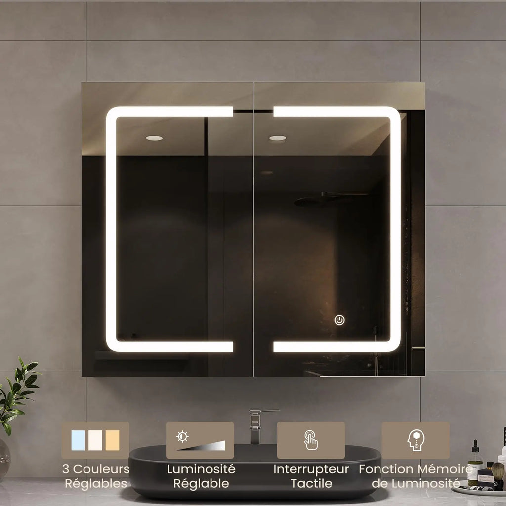 Mueble de baño con espejo LED, 70x16x60cm, tocador montado en la pared con taburete, bolsa ajustable, 3 luces de colores, blanco