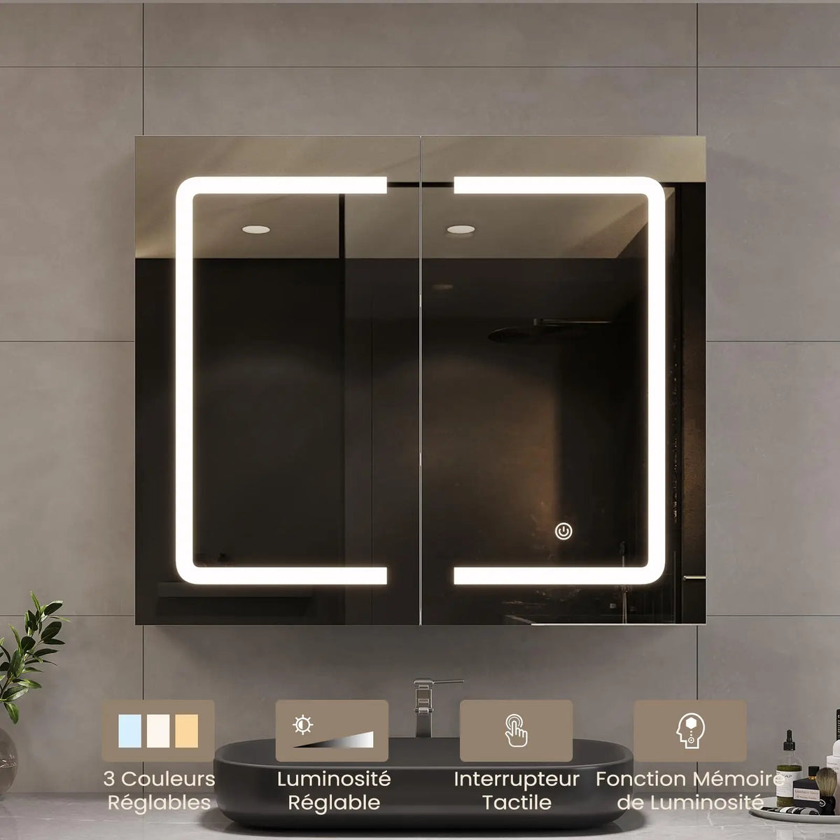 Mueble de baño con espejo LED, 70x16x60cm, tocador montado en la pared con taburete, bolsa ajustable, 3 luces de colores, blanco