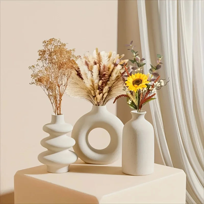 Juego de 3 jarrones bohemios de cerámica blanca, adornos creativos para decoración del hogar, decoración para el hogar, sala de estar y dormitorio
