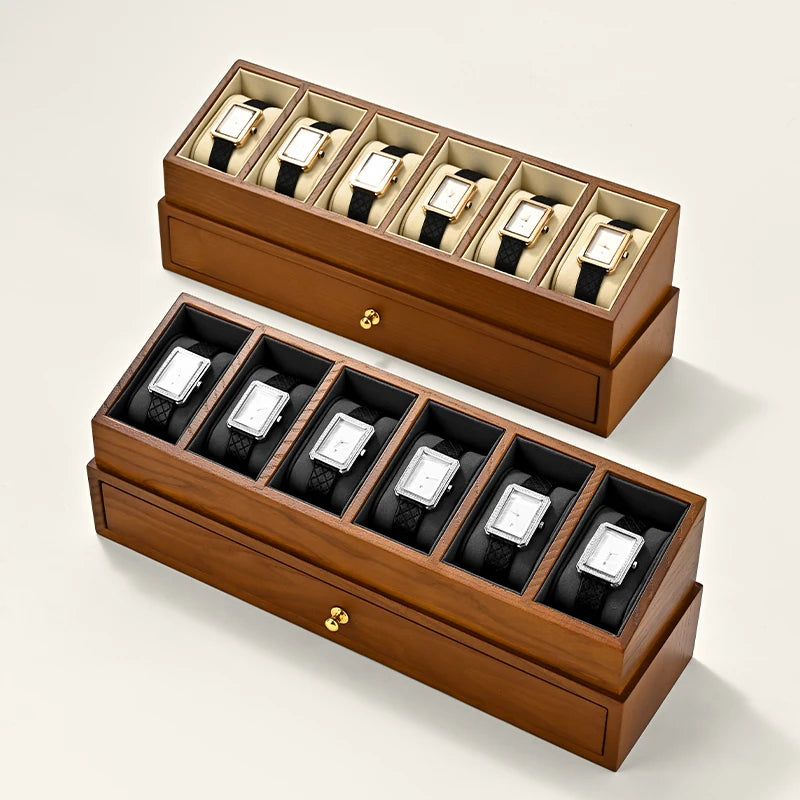 Oirlv-caja de reloj de madera de 6 Grilds, organizador de joyas de doble capa, caja expositora de reloj de pulsera, funda transparente a prueba de polvo para reloj