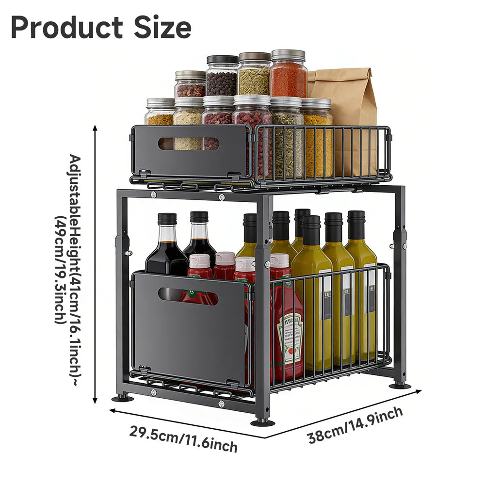 Organizador extraíble de 2 niveles, estante de almacenamiento debajo del fregadero con altura ajustable de 5 niveles y cajón deslizable para encimera de cocina, estante de despensa, soporte para frascos de especias