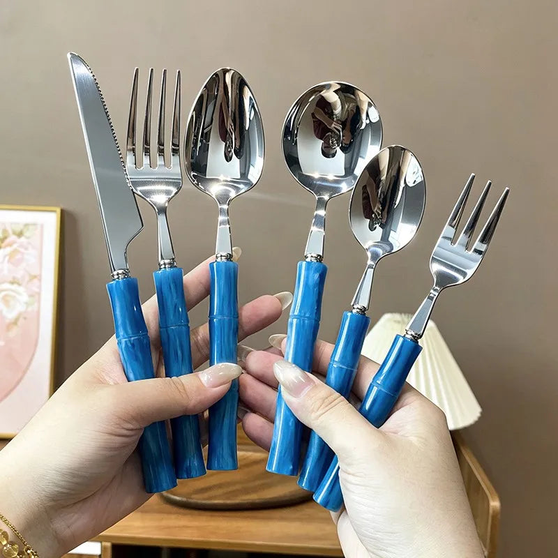 Juego de Cubiertos de Acero Inoxidable 304 de Lujo, Estilo Retro, con Mango de Bambú Perlado, Juego de Cubiertos de Alta Estética para Cena Occidental, Tenedor, Cuchara, Vajilla