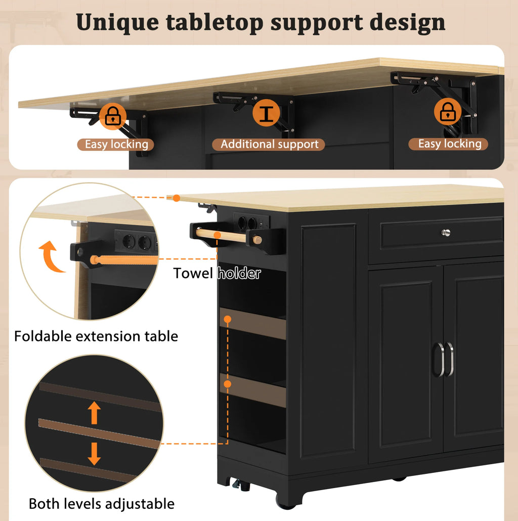 Isla de Cocina Móvil con Encimera Extensible, Cajones Multifuncionales y Compartimento para Residuos, Negra, 131.8×40-70×93.3 cm
