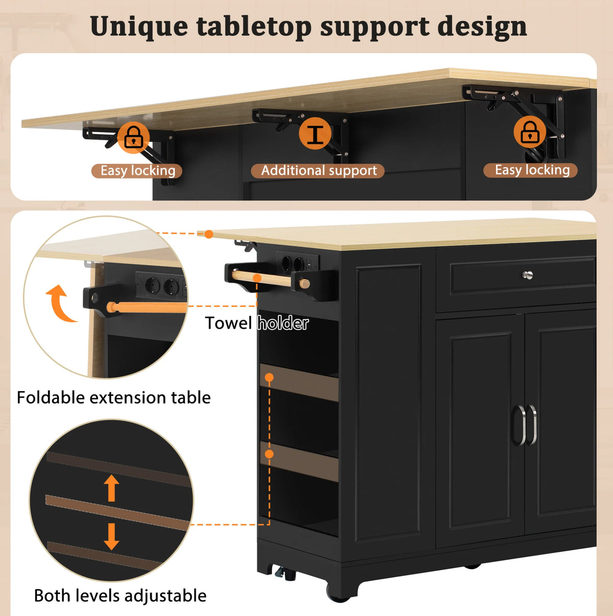 Isla de Cocina Móvil con Encimera Extensible, Cajones Multifuncionales y Compartimento para Residuos, Negra, 131.8×40-70×93.3 cm