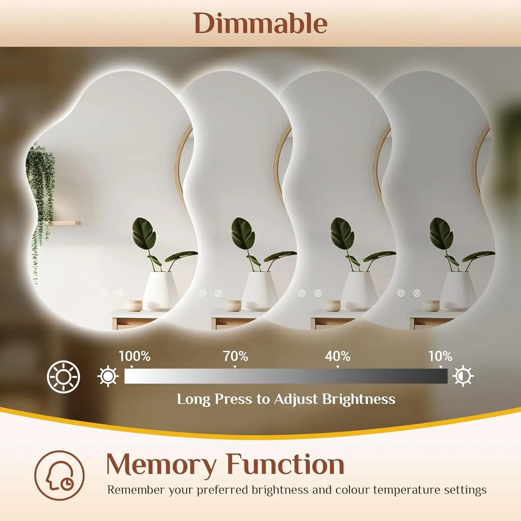 Espejo de Baño con Forma de Nube y Luz, Espejo LED de Pared con 3 Colores de Luz, Asimétrico, 90x60cm, Vidrio Templado, Antivaho