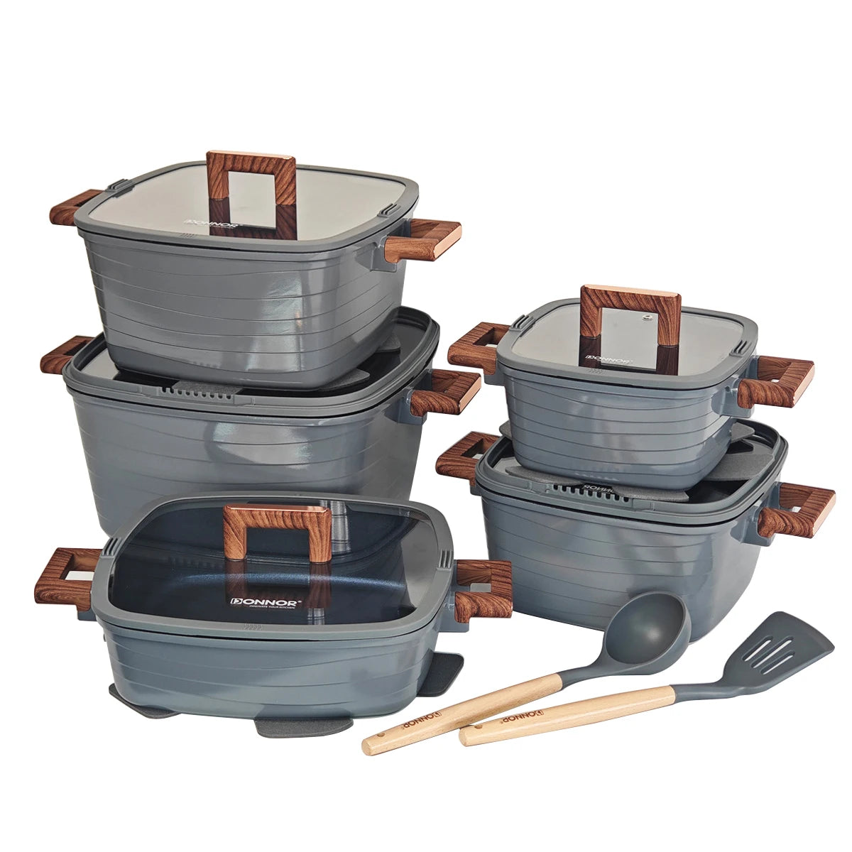 Juego de ollas DONNOR de 15 piezas, ollas cuadradas para sopa, ollas para caldos, juego de sartenes antiadherentes con mango de baquelita, olla para cocinar compatible con todo tipo de estufas