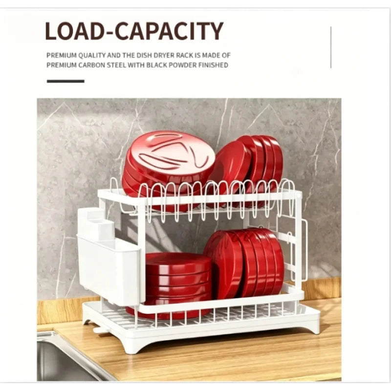 Escurridor de Platos de Acero Inoxidable de 2 Niveles, Color Blanco, Resistente al Óxido, Gran Capacidad, Diseño con Bandeja de Drenaje, para Encimera de Cocina, Platos, Tazas y Vajilla