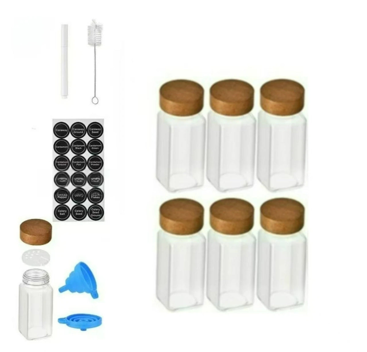 Juego de Frascos Cuadrados para Especias con Tapa de Madera, Frascos para Especias con Inserto Dosificador y Etiquetas - Recipientes de Vidrio Vacíos para Organización de Cocina