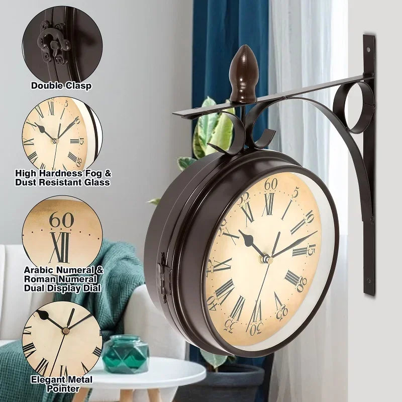 Colgante de pared redondo de aspecto antiguo de hierro forjado, caras de doble cara, reloj de estación Retro, candelabro, reloj colgante de pared para el hogar y el dormitorio