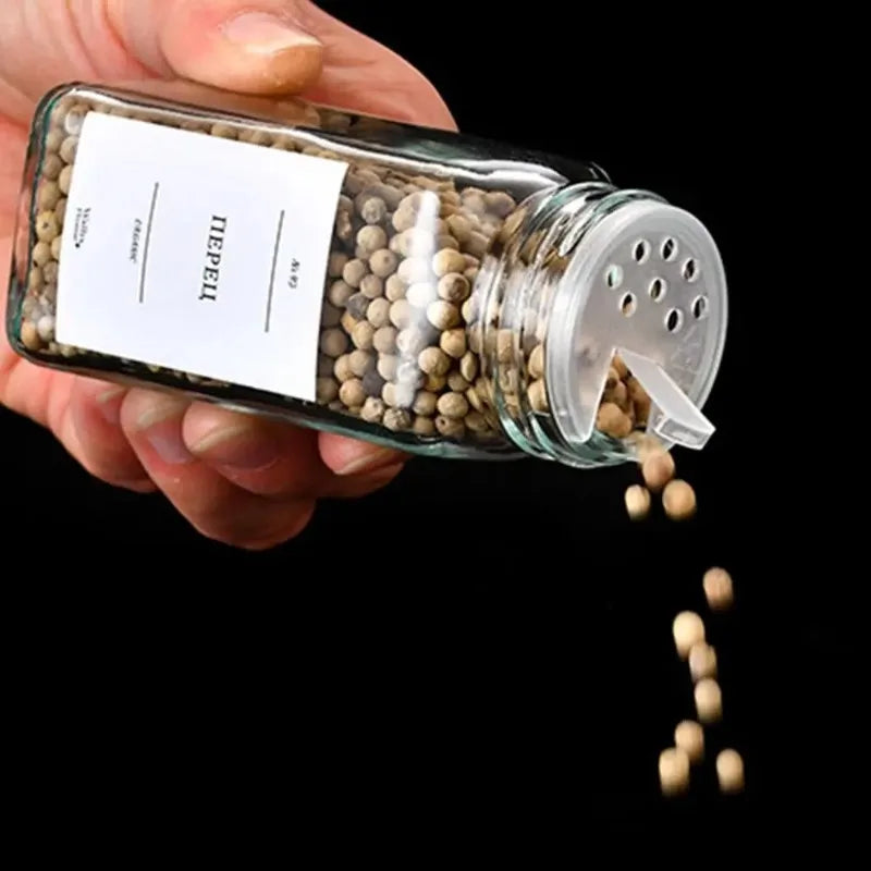 Juego de Frascos Cuadrados para Especias con Tapa de Madera, Frascos para Especias con Inserto Dosificador y Etiquetas - Recipientes de Vidrio Vacíos para Organización de Cocina