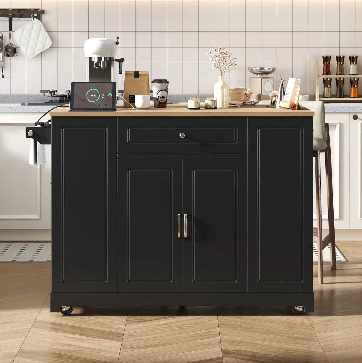 Isla de Cocina Móvil con Encimera Extensible, Cajones Multifuncionales y Compartimento para Residuos, Negra, 131.8×40-70×93.3 cm