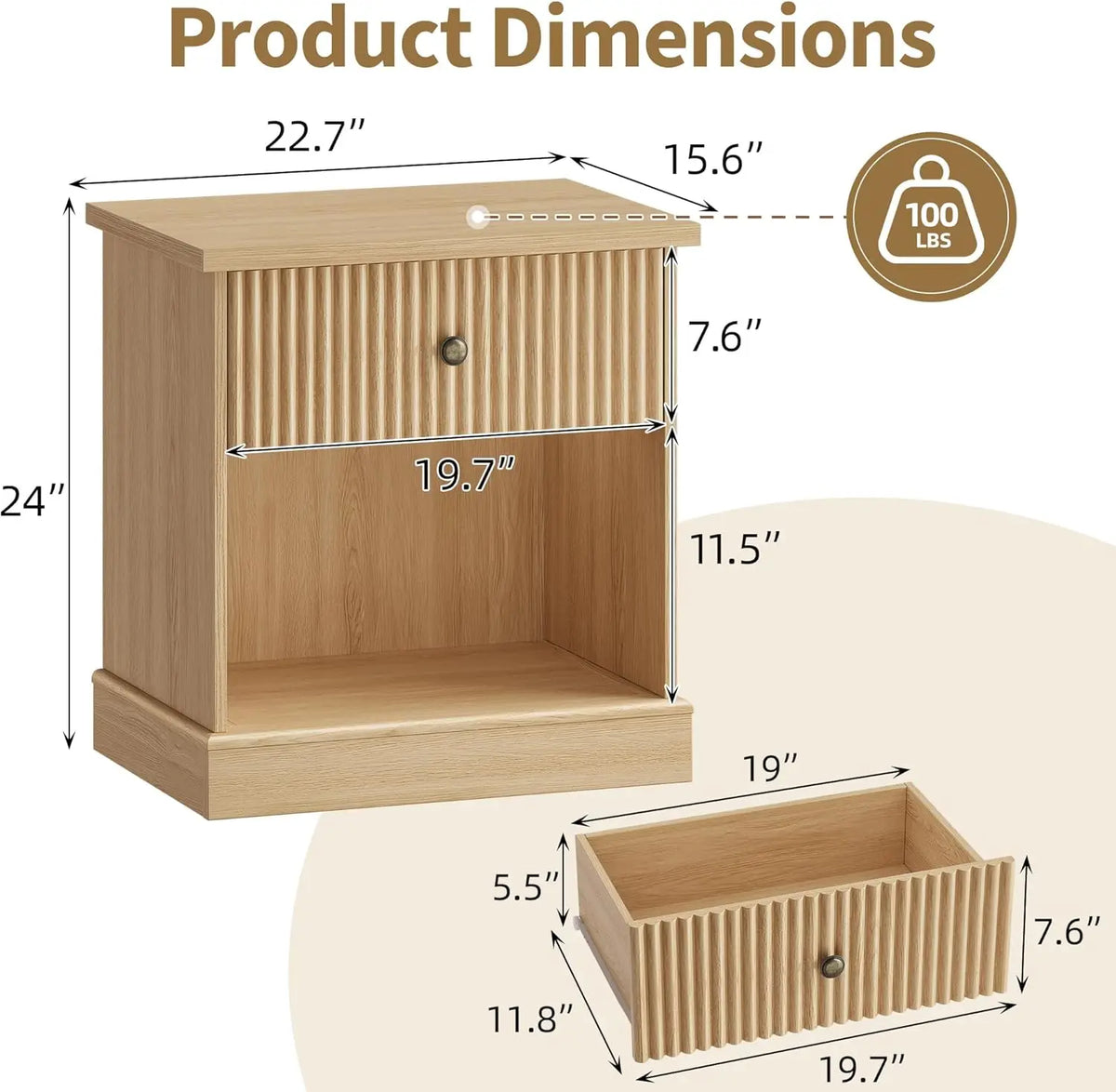 Diseño Moderno – Mesita de Noche con Espacio de Almacenamiento – Mesita de Noche Compacta para Dormitorio – Con Cajón y Compartimento Abierto, Textura Ranurada – Color: Madera Natural