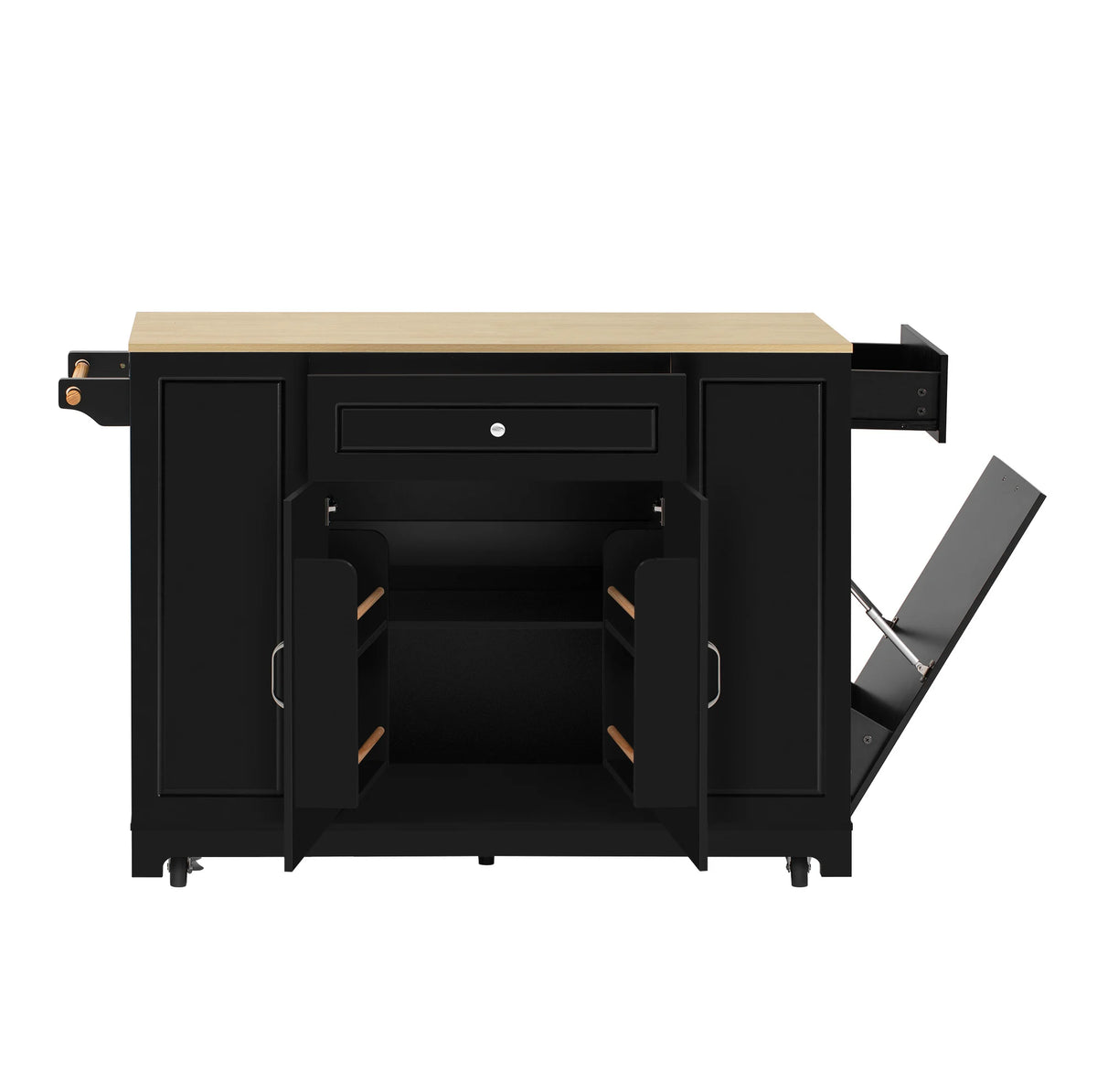 Isla de Cocina Móvil con Encimera Extensible, Cajones Multifuncionales y Compartimento para Residuos, Negra, 131.8×40-70×93.3 cm