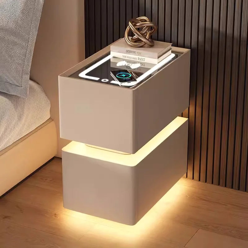 Mesita de noche inteligente creativa de 25cm con Sensor de luz, gabinete de almacenamiento de estilo nórdico, mesita de noche para dormitorio con carga inalámbrica