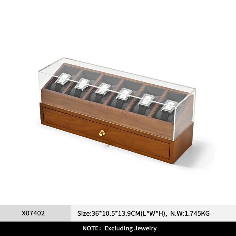 Oirlv-caja de reloj de madera de 6 Grilds, organizador de joyas de doble capa, caja expositora de reloj de pulsera, funda transparente a prueba de polvo para reloj