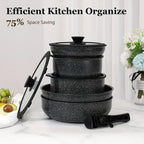 Juego de ollas y sartenes antiadherentes de 15 Uds., juegos de utensilios de cocina con mango desmontable, juego de cocina antiadherente para RV, asas extraíbles,