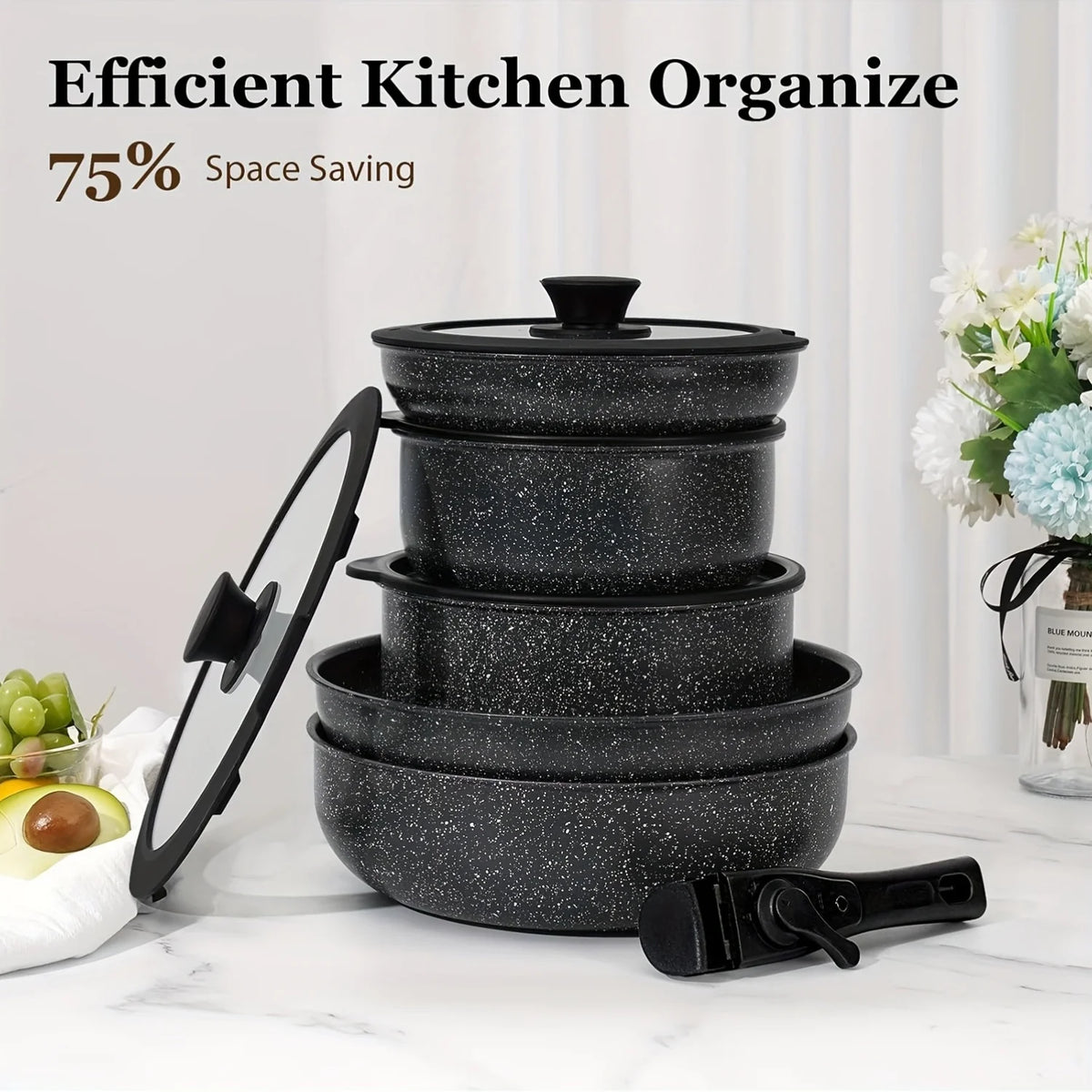 Juego de ollas y sartenes antiadherentes de 15 Uds., juegos de utensilios de cocina con mango desmontable, juego de cocina antiadherente para RV, asas extraíbles,