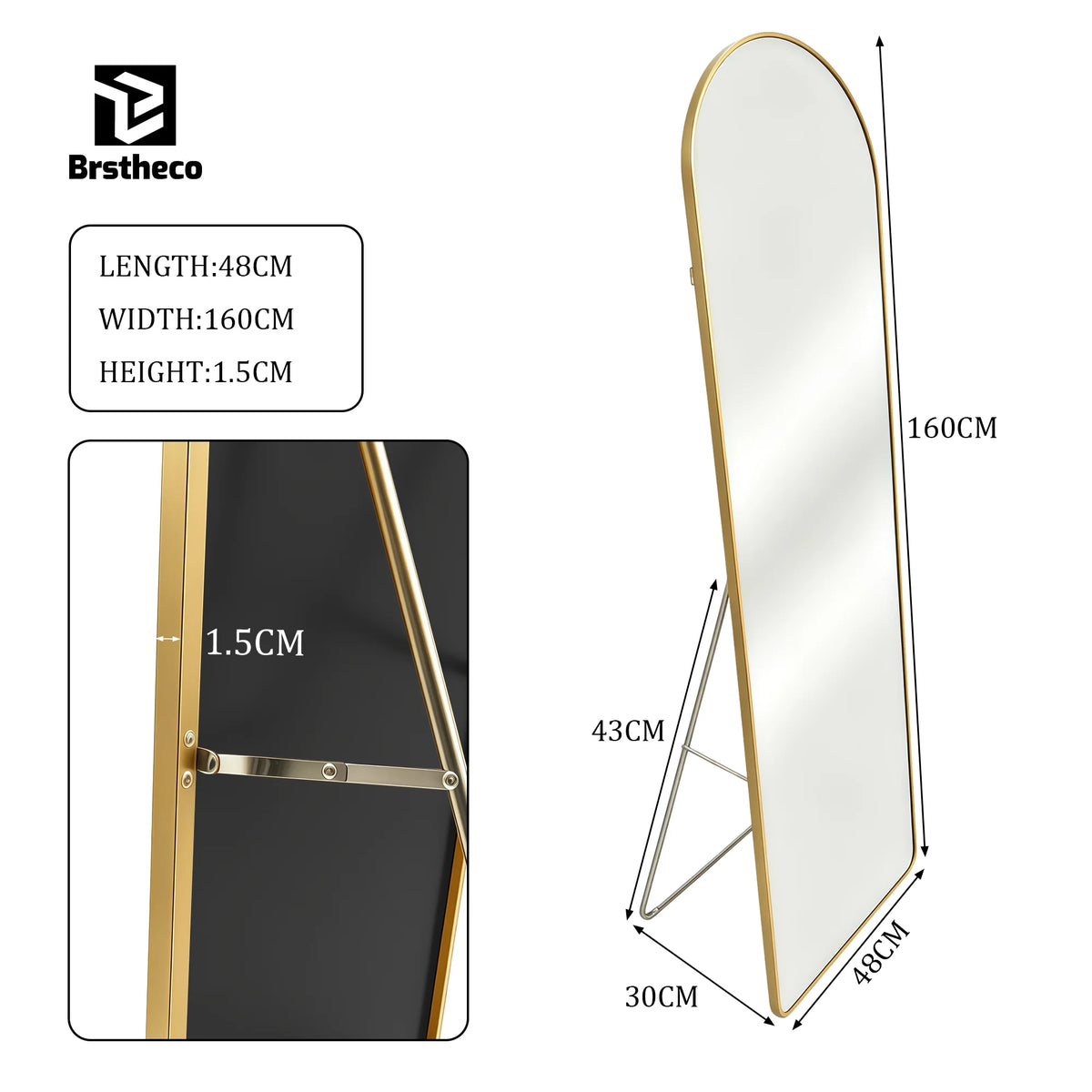 Espejo de cuerpo entero de 160x48 cm, espejo de suelo rectangular extragrande, espejo colgante sobre la puerta, espejo de pared redondo, marco de aleación de aluminio, vidrio templado, espejo de vestir HD transparente para d