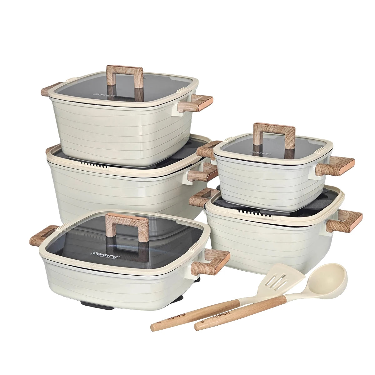 Juego de ollas DONNOR de 15 piezas, ollas cuadradas para sopa, ollas para caldos, juego de sartenes antiadherentes con mango de baquelita, olla para cocinar compatible con todo tipo de estufas
