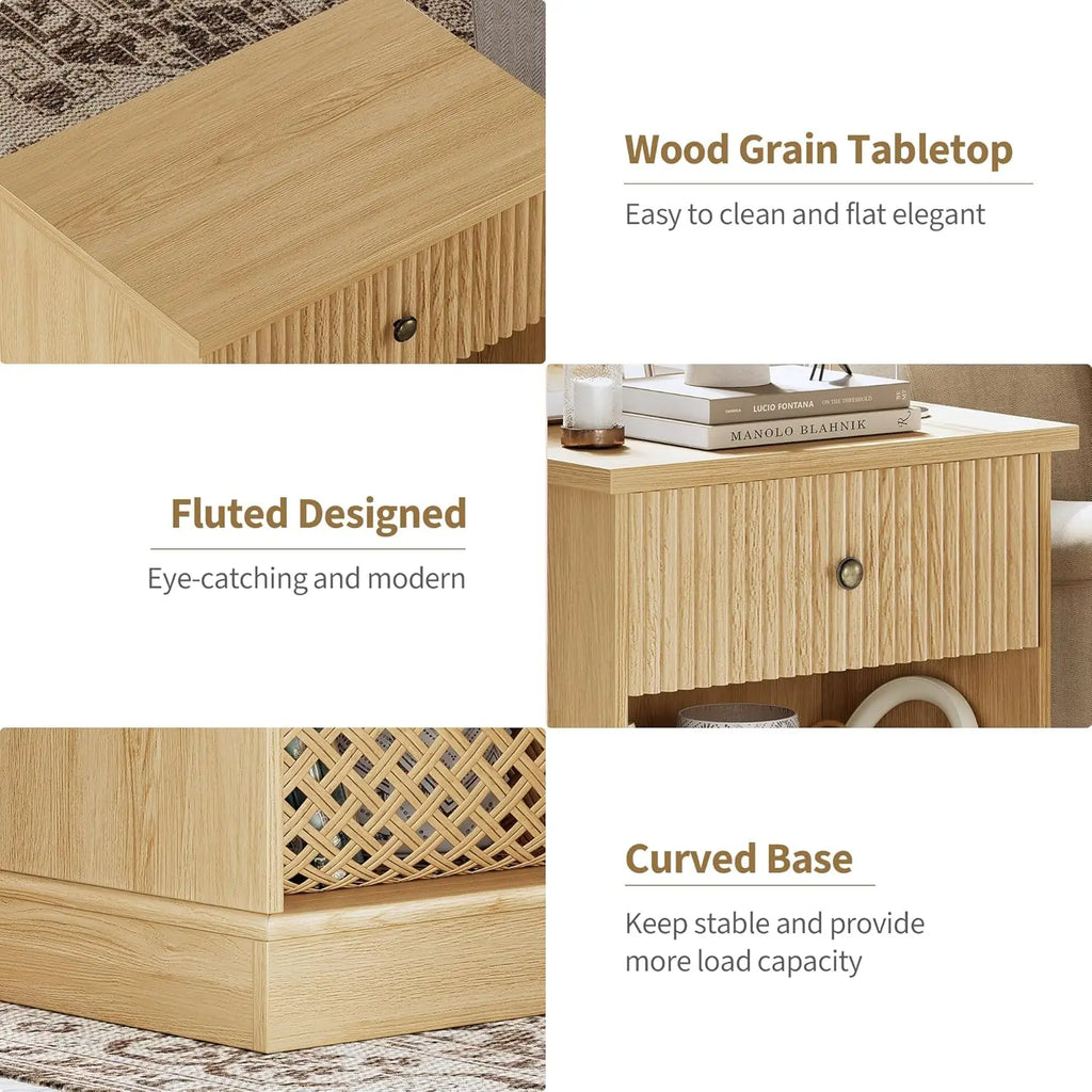 Diseño Moderno – Mesita de Noche con Espacio de Almacenamiento – Mesita de Noche Compacta para Dormitorio – Con Cajón y Compartimento Abierto, Textura Ranurada – Color: Madera Natural
