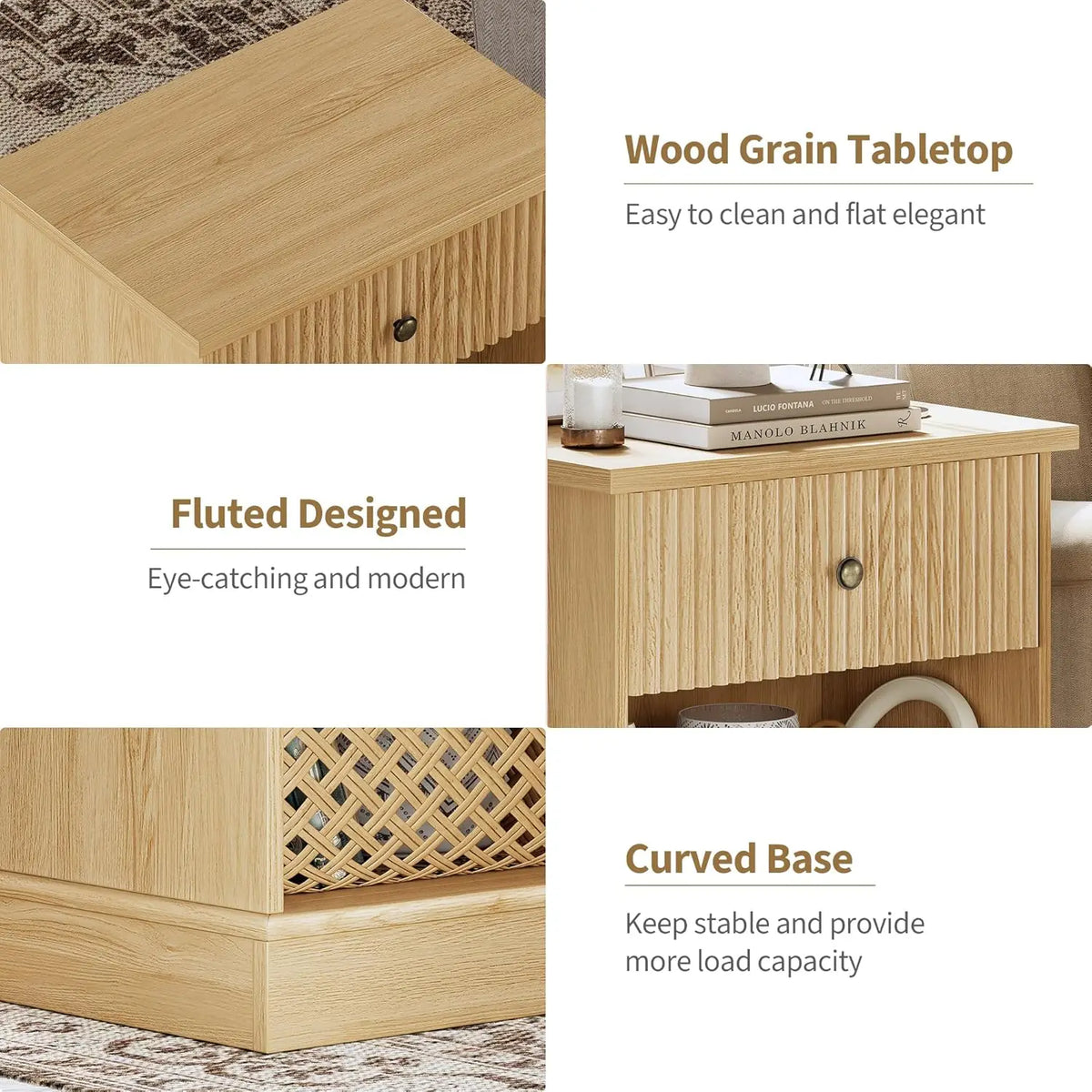 Diseño Moderno – Mesita de Noche con Espacio de Almacenamiento – Mesita de Noche Compacta para Dormitorio – Con Cajón y Compartimento Abierto, Textura Ranurada – Color: Madera Natural