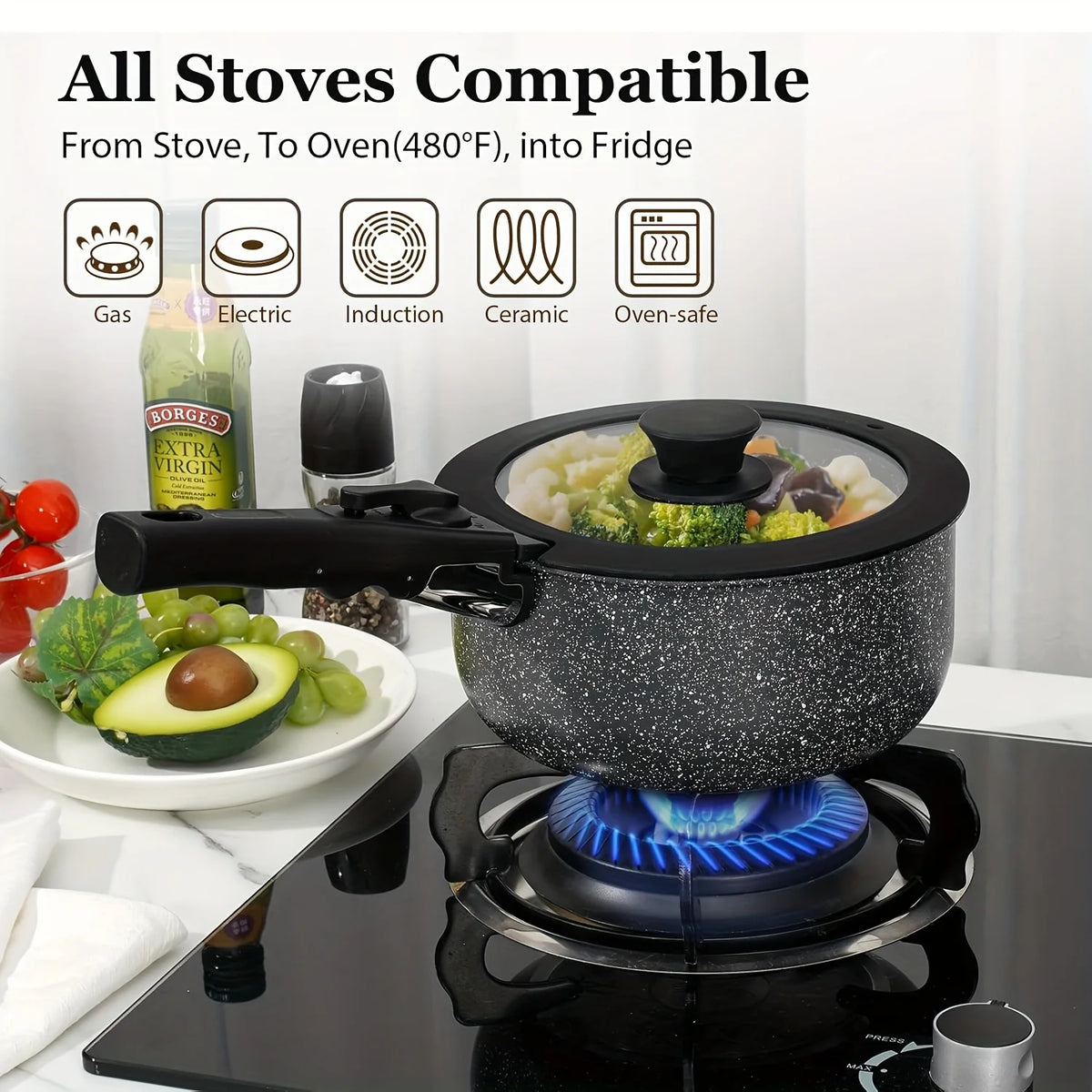 Juego de ollas y sartenes antiadherentes de 15 Uds., juegos de utensilios de cocina con mango desmontable, juego de cocina antiadherente para RV, asas extraíbles,