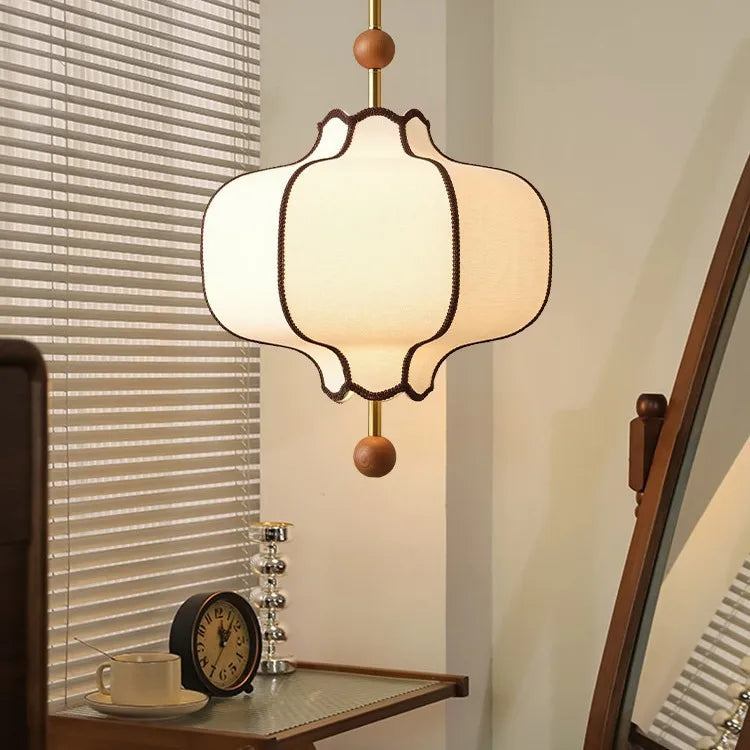 Lámpara colgante Vintage pantalla de tela LED E27 bola de madera diseño Circular luz colgante Retro salón comedor dormitorio accesorio