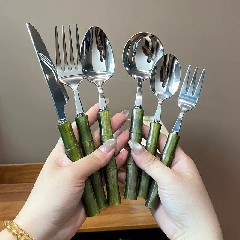 Juego de Cubiertos de Acero Inoxidable 304 de Lujo, Estilo Retro, con Mango de Bambú Perlado, Juego de Cubiertos de Alta Estética para Cena Occidental, Tenedor, Cuchara, Vajilla