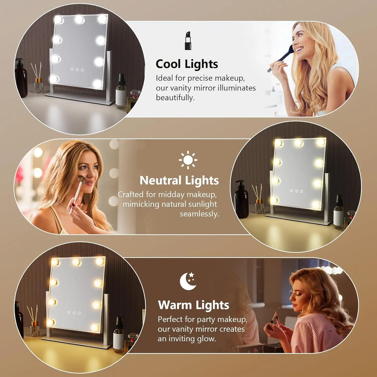 Espejo de maquillaje Vanity Hollywood con 9 bombillas LED Iluminación de 3 colores Atenuación Control táctil 360 ° Rotación para Vestidor y Dormitorio