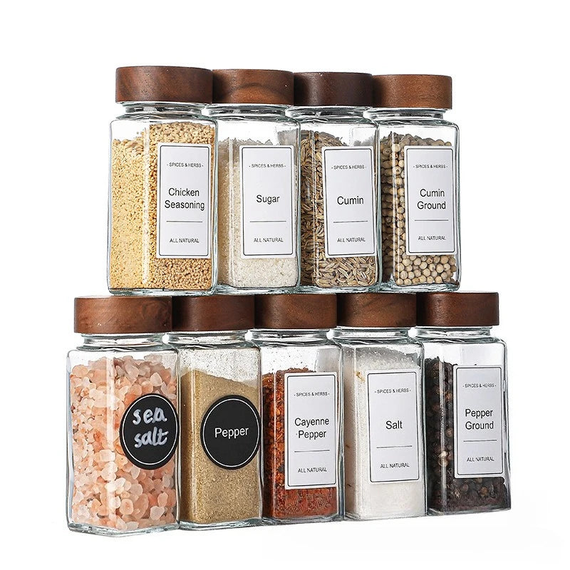 Juego de Frascos Cuadrados para Especias con Tapa de Madera, Frascos para Especias con Inserto Dosificador y Etiquetas - Recipientes de Vidrio Vacíos para Organización de Cocina