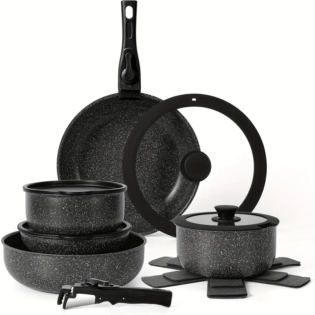 Juego de ollas y sartenes antiadherentes de 15 Uds., juegos de utensilios de cocina con mango desmontable, juego de cocina antiadherente para RV, asas extraíbles,