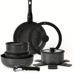 Juego de ollas y sartenes antiadherentes de 15 Uds., juegos de utensilios de cocina con mango desmontable, juego de cocina antiadherente para RV, asas extraíbles,