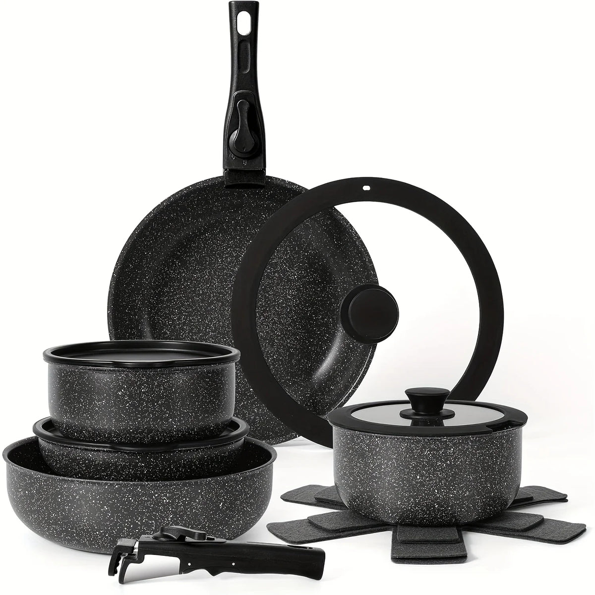 Juego de ollas y sartenes antiadherentes de 15 Uds., juegos de utensilios de cocina con mango desmontable, juego de cocina antiadherente para RV, asas extraíbles,
