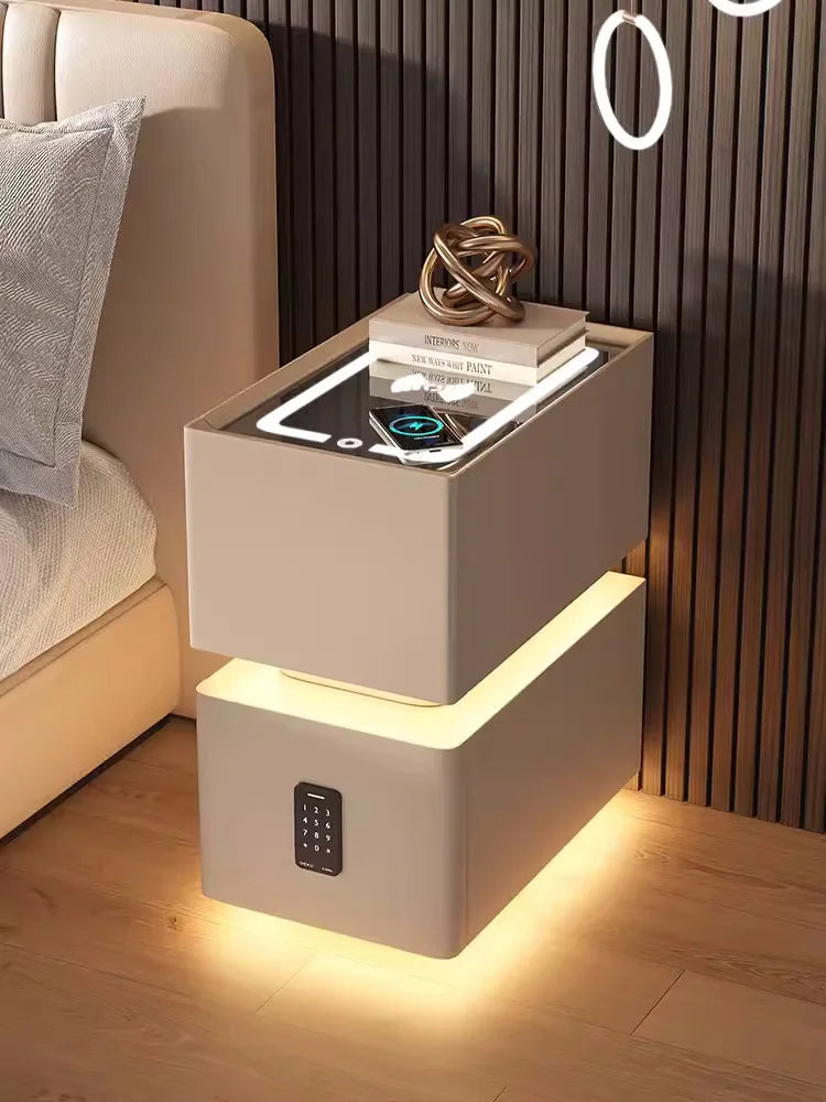 Mesita de noche inteligente creativa de 25cm con Sensor de luz, gabinete de almacenamiento de estilo nórdico, mesita de noche para dormitorio con carga inalámbrica