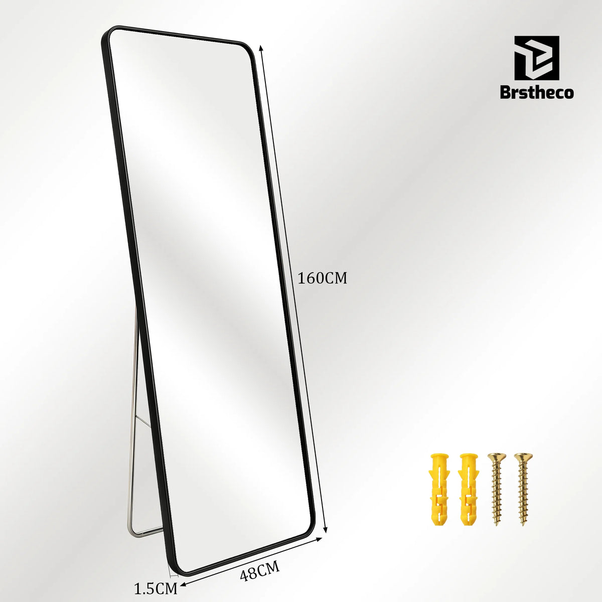 Espejo de cuerpo entero de 160x48 cm, espejo de suelo rectangular extragrande, espejo colgante sobre la puerta, espejo de pared redondo, marco de aleación de aluminio, vidrio templado, espejo de vestir HD transparente para d