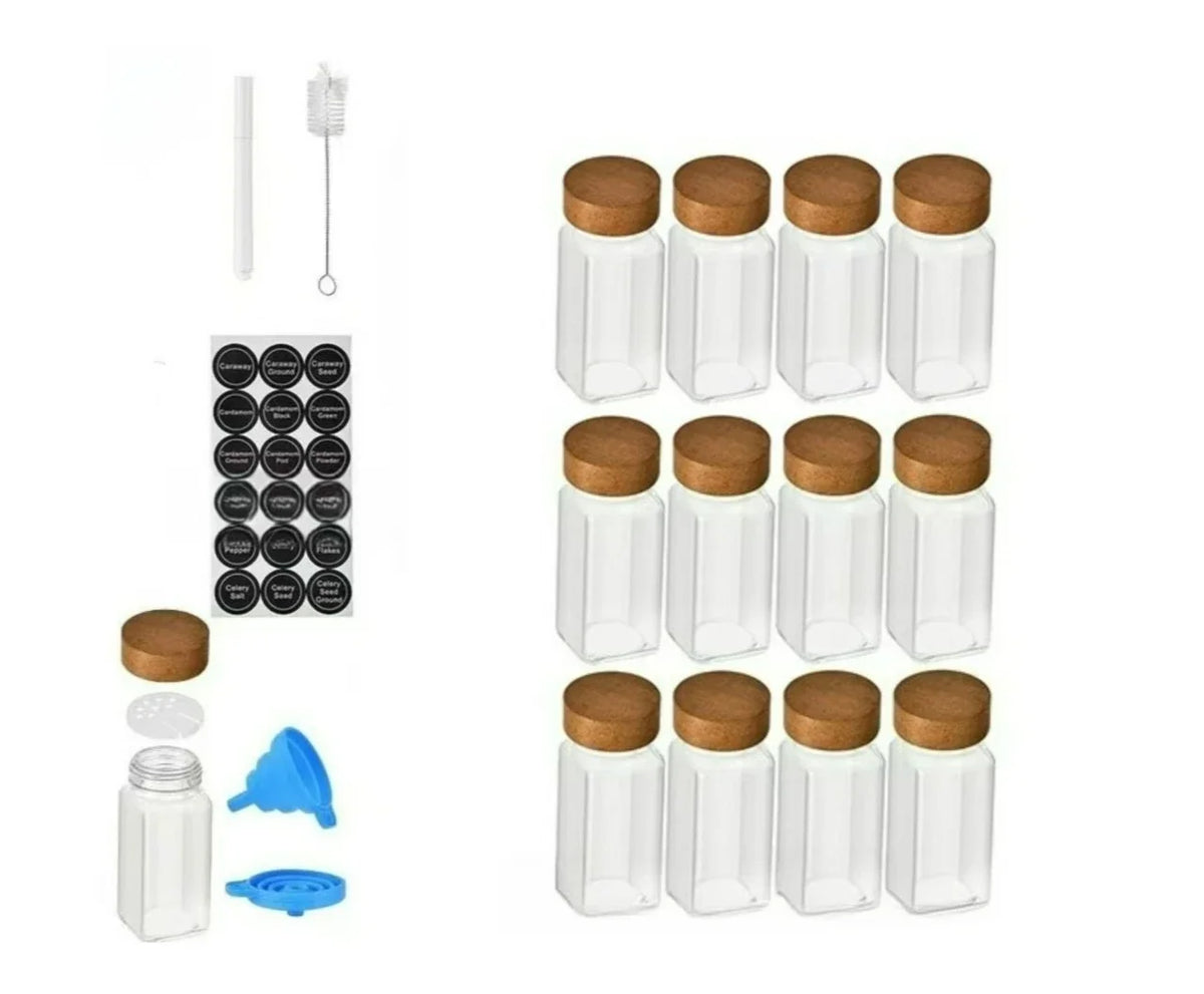 Juego de Frascos Cuadrados para Especias con Tapa de Madera, Frascos para Especias con Inserto Dosificador y Etiquetas - Recipientes de Vidrio Vacíos para Organización de Cocina