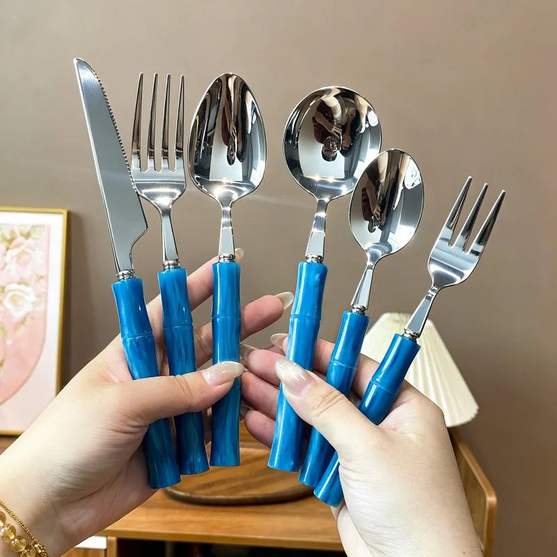 Juego de Cubiertos de Acero Inoxidable 304 de Lujo, Estilo Retro, con Mango de Bambú Perlado, Juego de Cubiertos de Alta Estética para Cena Occidental, Tenedor, Cuchara, Vajilla