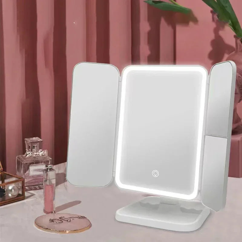 Espejo de maquillaje triple con luces LED, espejo de tocador para dormitorio, belleza, ilumina tu luz de relleno con espejo de maquillaje complementario inteligente Tri