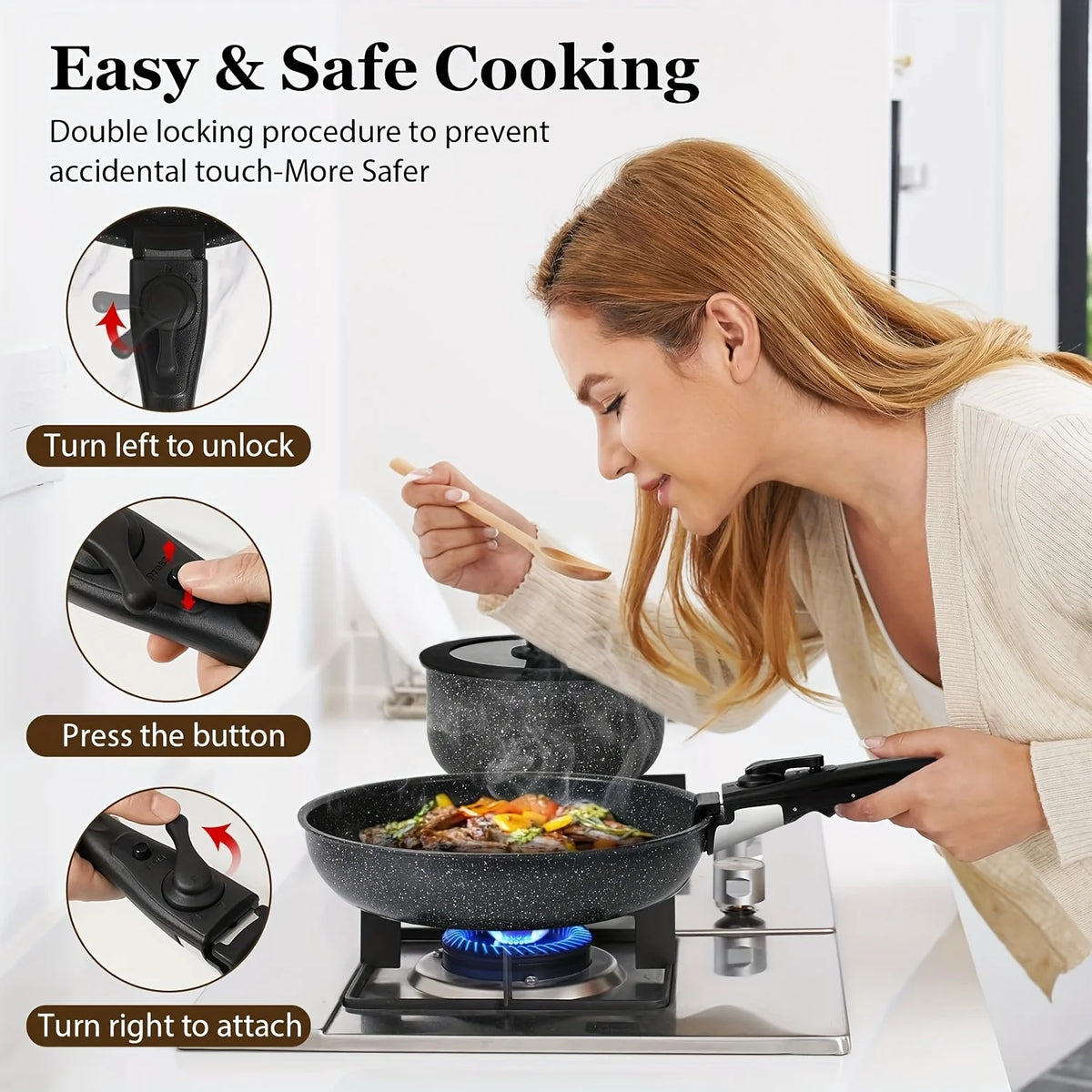 Juego de ollas y sartenes antiadherentes de 15 Uds., juegos de utensilios de cocina con mango desmontable, juego de cocina antiadherente para RV, asas extraíbles,