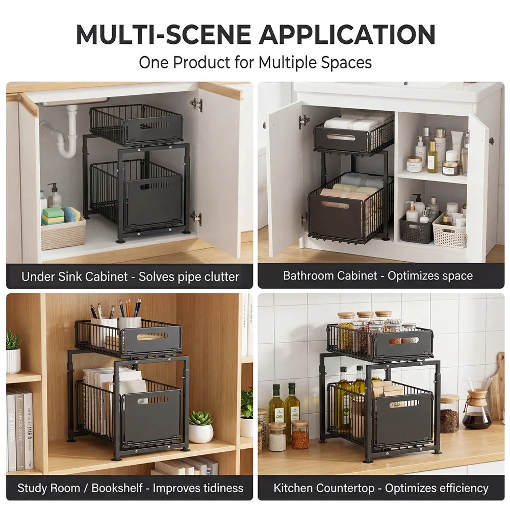 Organizador extraíble de 2 niveles, estante de almacenamiento debajo del fregadero con altura ajustable de 5 niveles y cajón deslizable para encimera de cocina, estante de despensa, soporte para frascos de especias