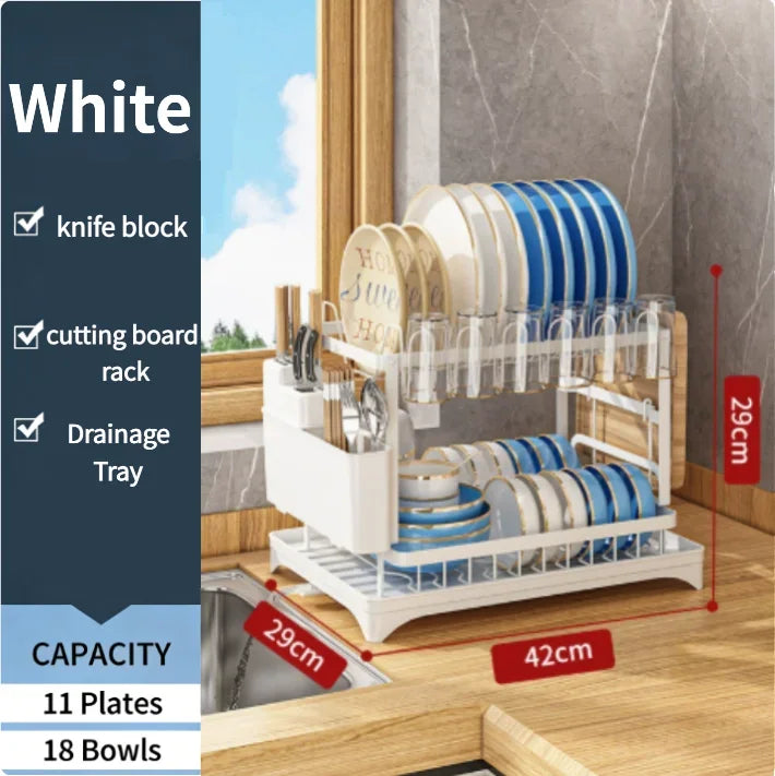 Escurridor de Platos de Acero Inoxidable de 2 Niveles, Color Blanco, Resistente al Óxido, Gran Capacidad, Diseño con Bandeja de Drenaje, para Encimera de Cocina, Platos, Tazas y Vajilla