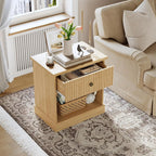 Diseño Moderno – Mesita de Noche con Espacio de Almacenamiento – Mesita de Noche Compacta para Dormitorio – Con Cajón y Compartimento Abierto, Textura Ranurada – Color: Madera Natural