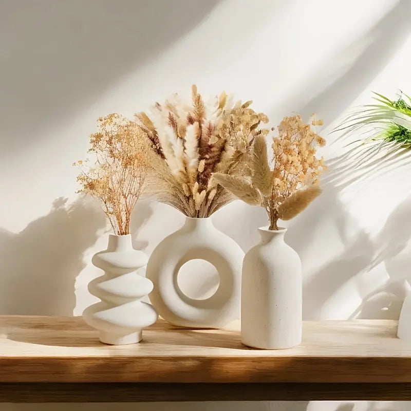 Juego de 3 jarrones bohemios de cerámica blanca, adornos creativos para decoración del hogar, decoración para el hogar, sala de estar y dormitorio