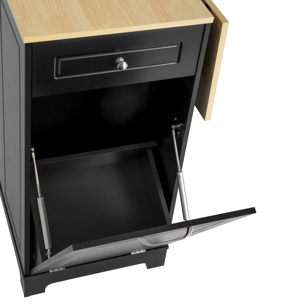 Isla de Cocina Móvil con Encimera Extensible, Cajones Multifuncionales y Compartimento para Residuos, Negra, 131.8×40-70×93.3 cm