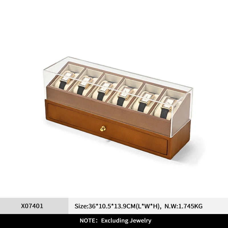 Oirlv-caja de reloj de madera de 6 Grilds, organizador de joyas de doble capa, caja expositora de reloj de pulsera, funda transparente a prueba de polvo para reloj