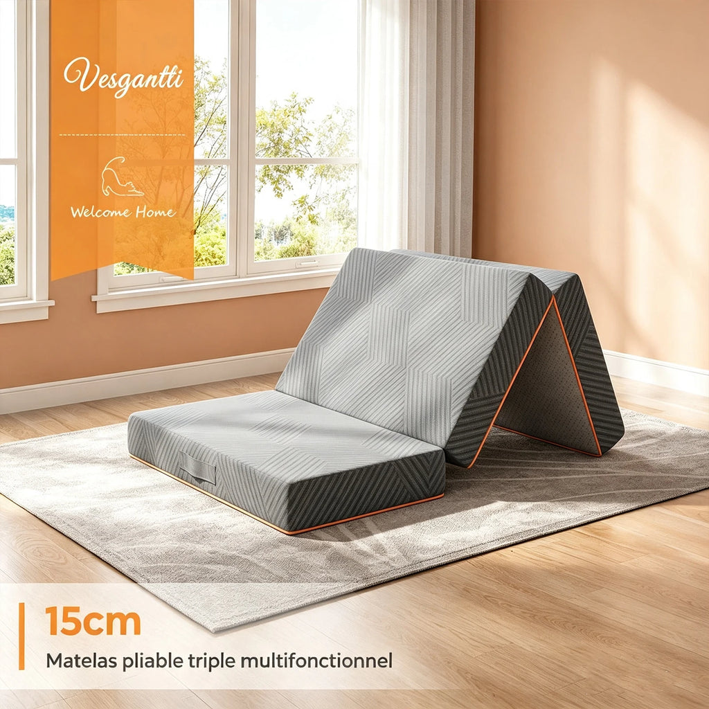Colchón Plegable Vesgantti de 15 cm para Coche, Camping y Viajes, Colchón de Espuma Viscoelástica de Gel Triple con Funda Lavable, Cama Plegable Portátil para SUV, Autocaravana y Maletero