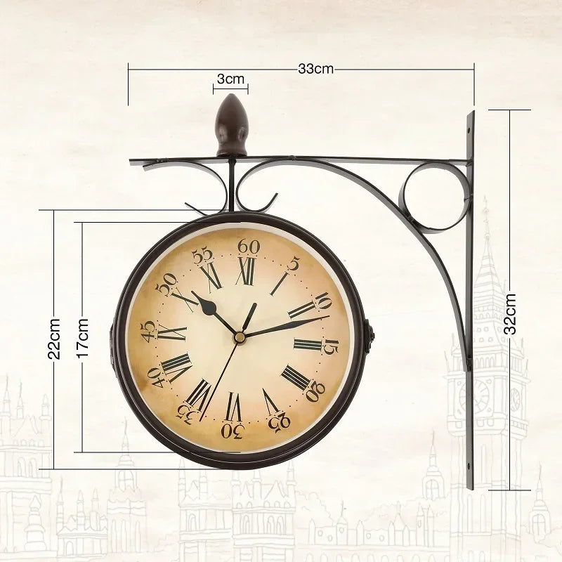 Colgante de pared redondo de aspecto antiguo de hierro forjado, caras de doble cara, reloj de estación Retro, candelabro, reloj colgante de pared para el hogar y el dormitorio