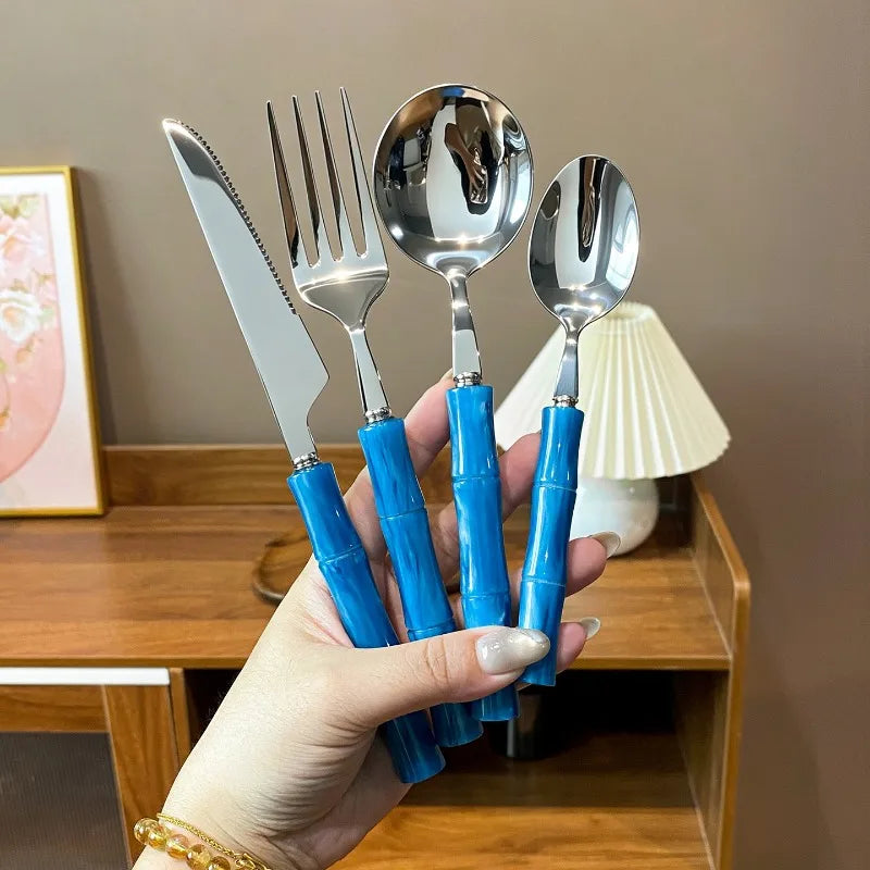 Juego de Cubiertos de Acero Inoxidable 304 de Lujo, Estilo Retro, con Mango de Bambú Perlado, Juego de Cubiertos de Alta Estética para Cena Occidental, Tenedor, Cuchara, Vajilla