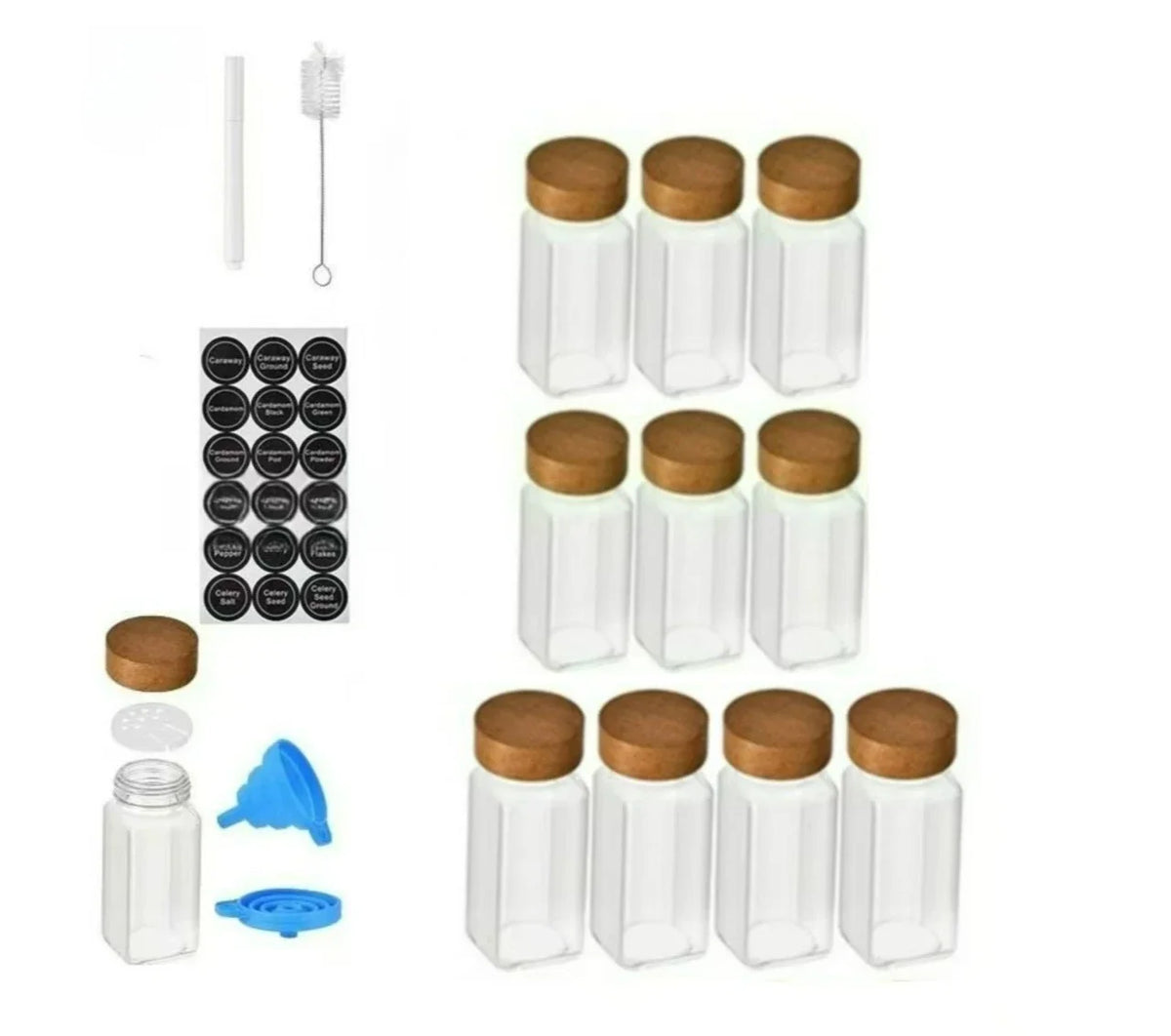 Juego de Frascos Cuadrados para Especias con Tapa de Madera, Frascos para Especias con Inserto Dosificador y Etiquetas - Recipientes de Vidrio Vacíos para Organización de Cocina