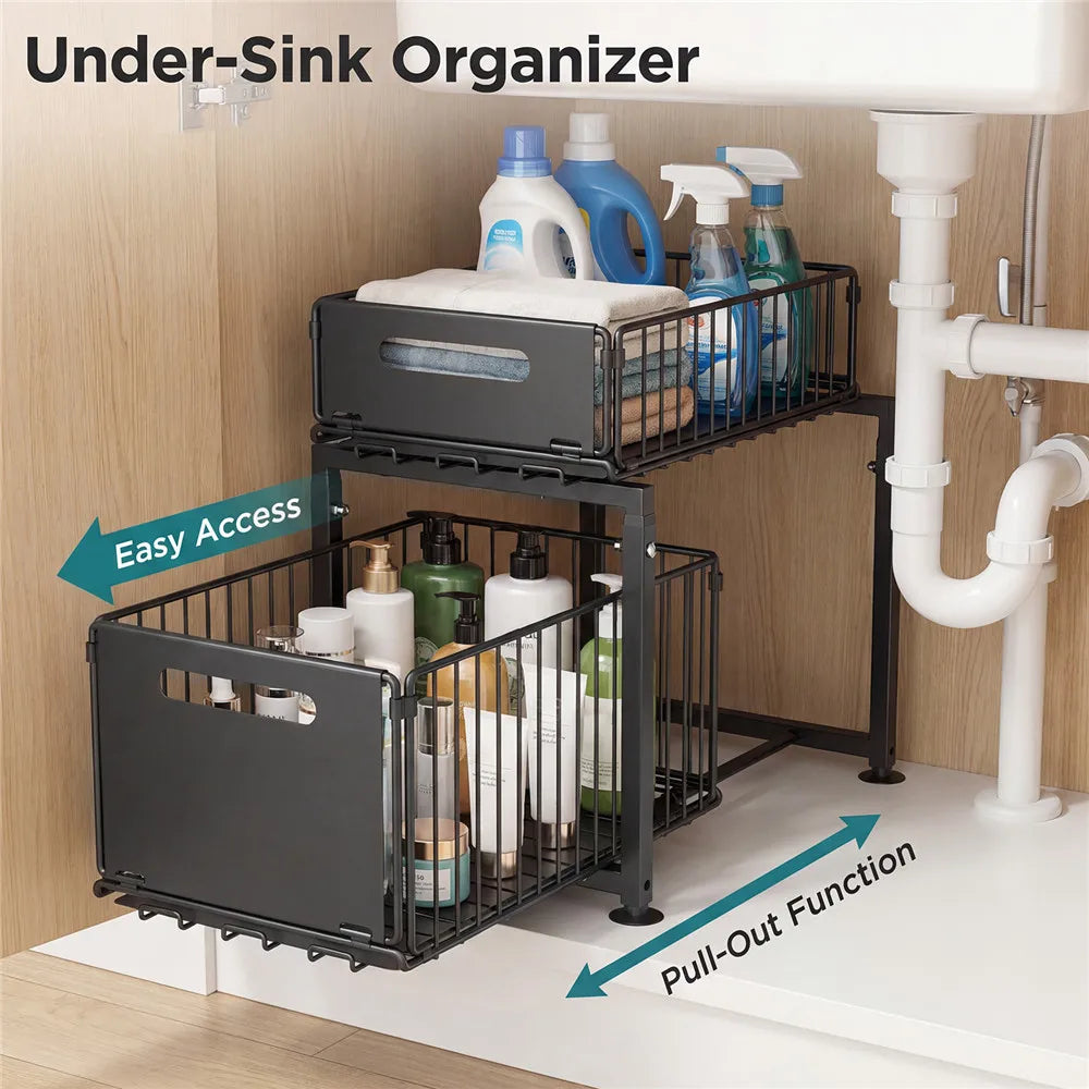 Organizador extraíble de 2 niveles, estante de almacenamiento debajo del fregadero con altura ajustable de 5 niveles y cajón deslizable para encimera de cocina, estante de despensa, soporte para frascos de especias